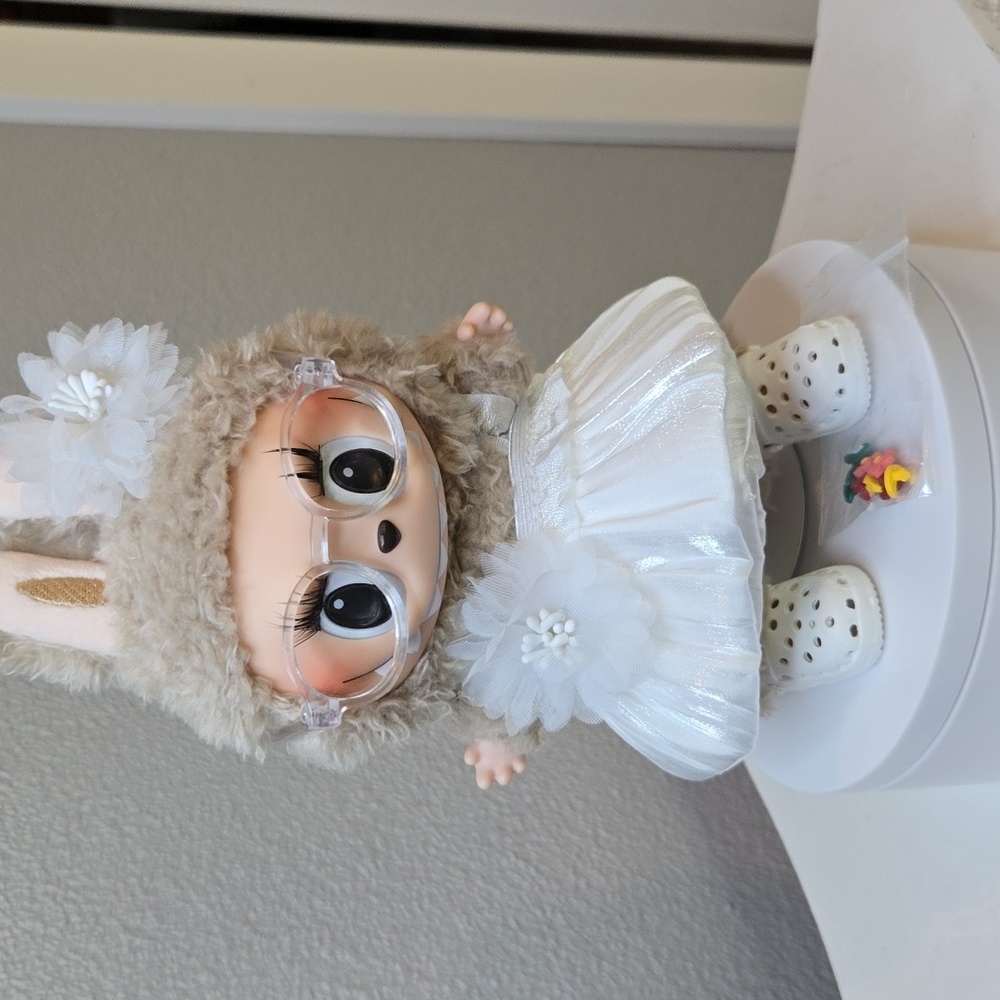 Dress Outfit For Adorable Labubu Plush Doll with Glasses and White Dress, Shoes
